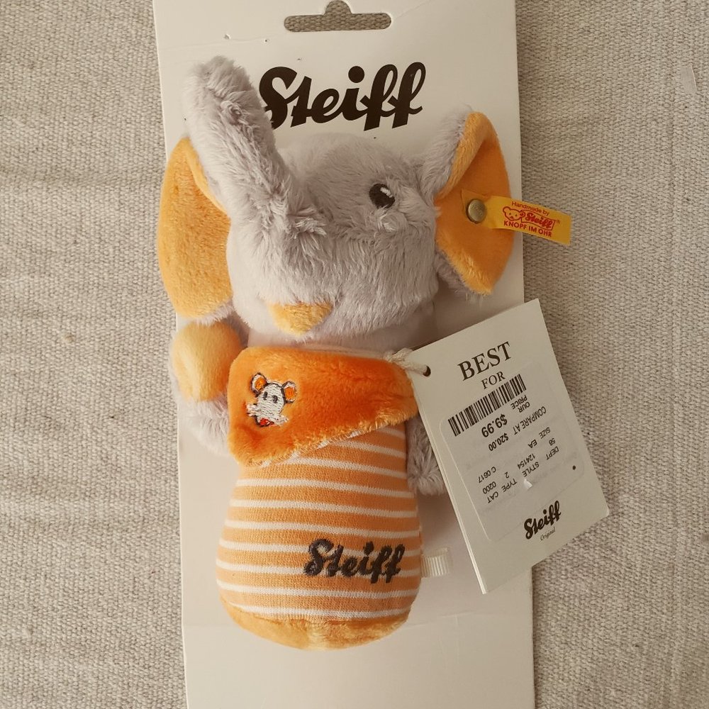 Steiff Trampili Elephant Knister Greifling 14 Gray Orange Baby Rattle 240294